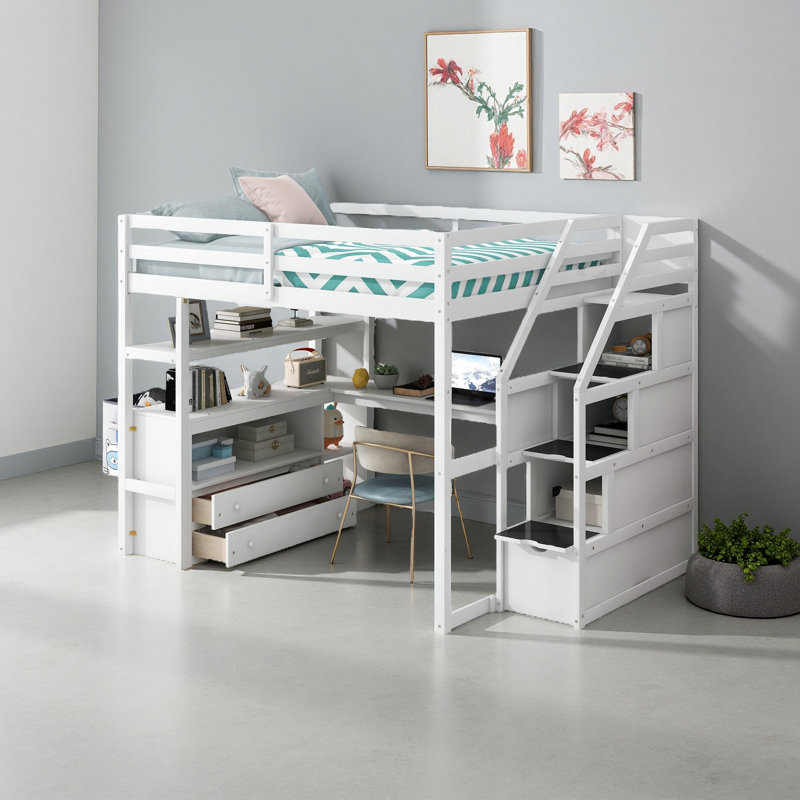 Lit mezzanine double avec bureau et tablettes, Blanc