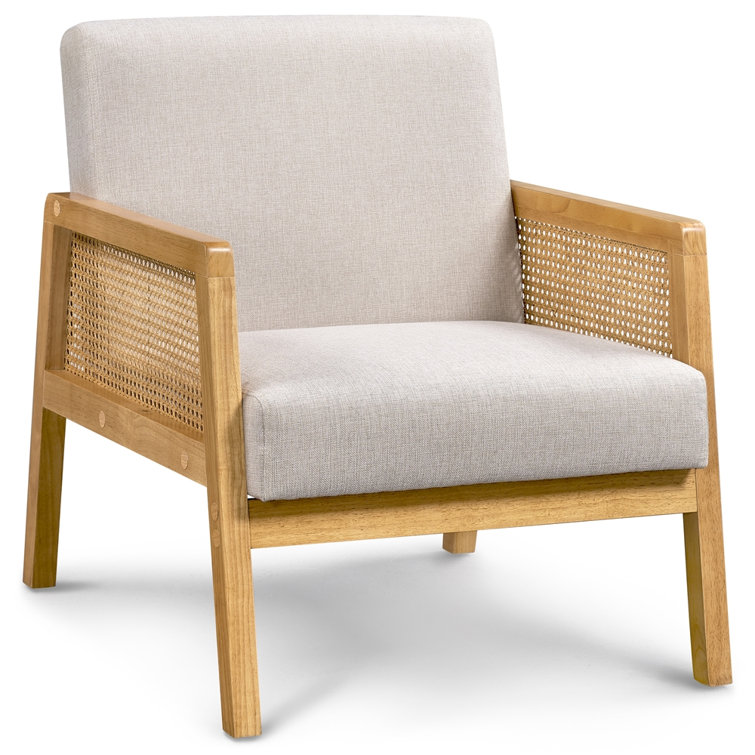 Ethan Coastal Beach Brown Hardwood Cane Sides Beige Upholstered Arm Chair