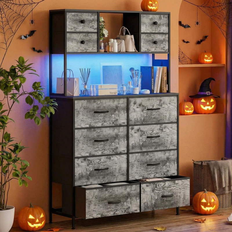 12-Drawer Dresser with Power Outlet & Open Shelves - LED Light Wood Top Metal Frame Fabric Dresser for Bedroom, Hallway, Living Room