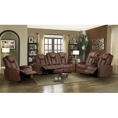 3-piece Set: Power Reclining Sofa with Drop-Down Table, Console Loveseat, & Glider Recliner, Black