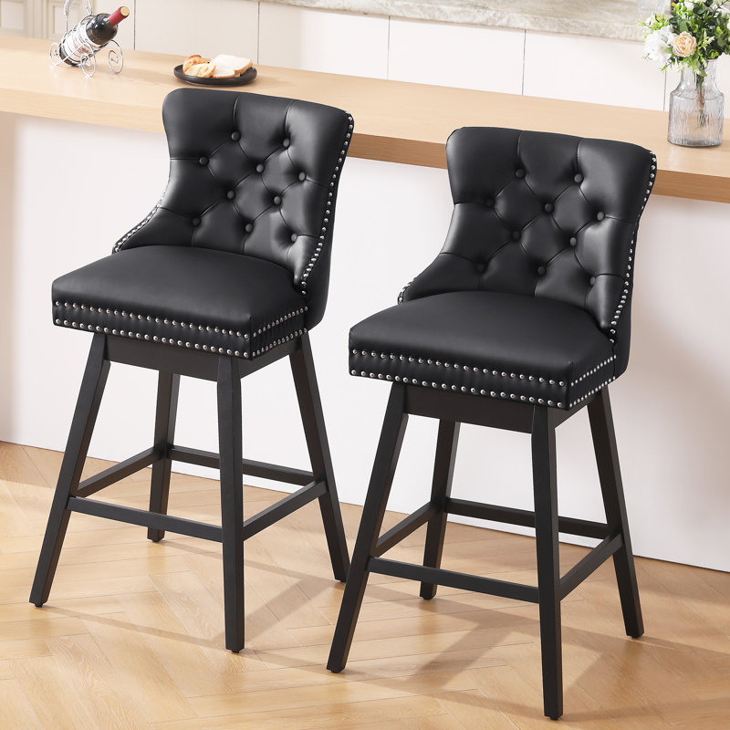 Swivel Bar Stools Set of 2, PU Leather Bar Chairs with Button Tufted Front and Ring Pull Back, 30" Bar Height Stools with Solid Wood Legs for Kitchen Island or Bar, Black