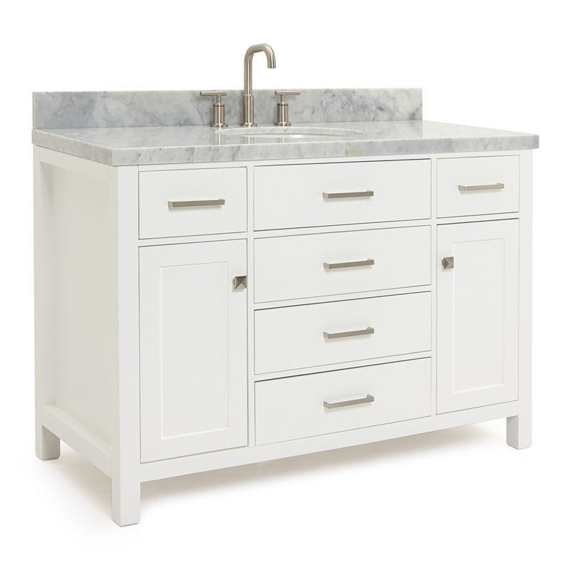 Meuble-lavabo simple 48 po avec plateau en marbre blanc de Carrare Macnair, Blanc