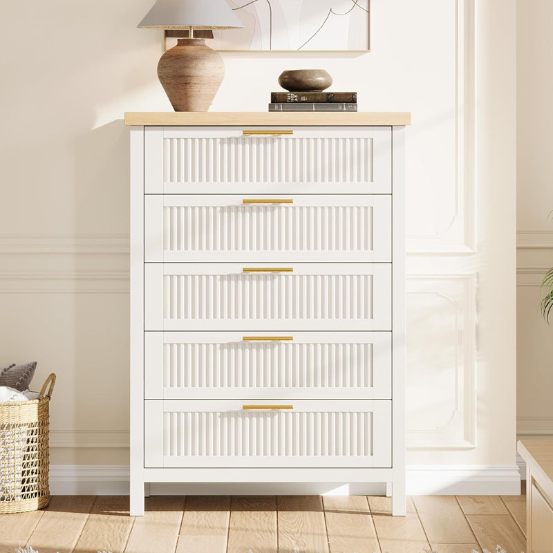 Fluted 5 Drawer Tall Dresser for Bedroom, 42.9'' Chest of Drawers, Wooden Dresser Chest with Clothes Storage Cabinet, Drawer Organizer, TV Stand for Bedroom, Living Room, Hallway