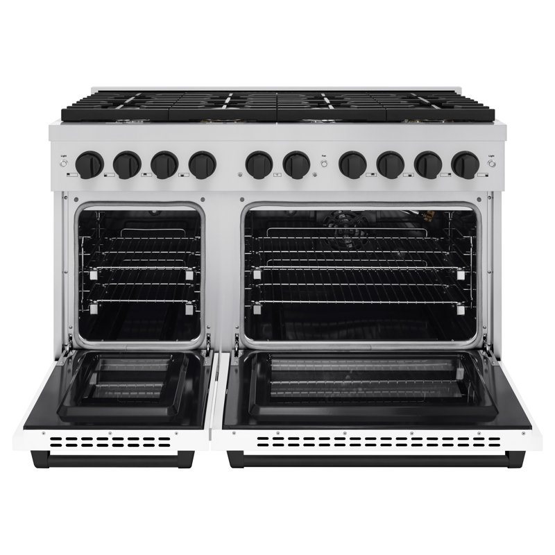 ZLINE 48 in. 8 Burner Double Oven Gas Range in Stainless Steel with White Matte Doors and Accents