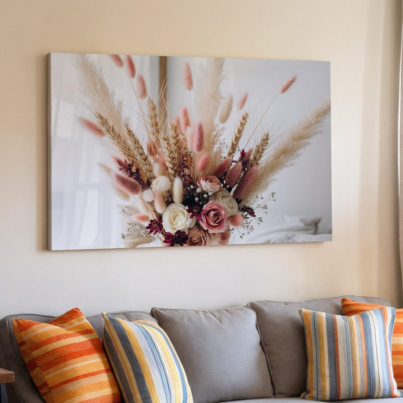 Toile, "Bouquet de fleurs séchées", art mural pastel doux avec des tons de crème rose et de beige avec toile délicate
