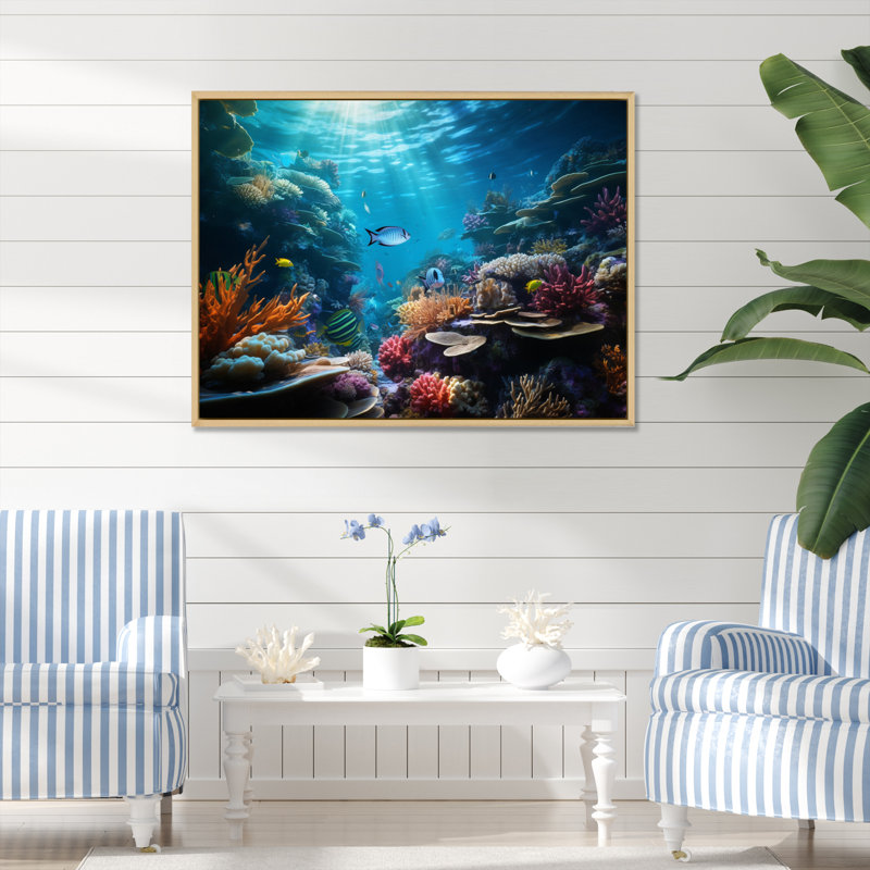 Toile de corail, art marin, impression côtière - Coral Seascape III, H 34 po x l 44 po x P 1,5 po, Cadre naturel flottant
