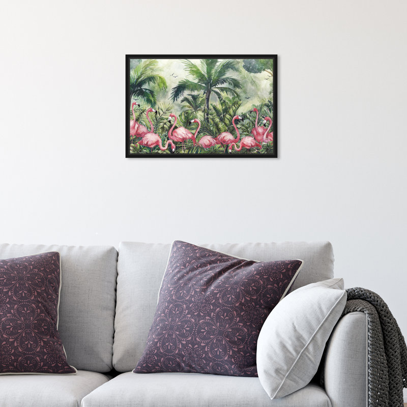 Souvenirs de poupées - Tropiques flamants - peinture, H 10 po x l 15 po, Toile encadrée noire