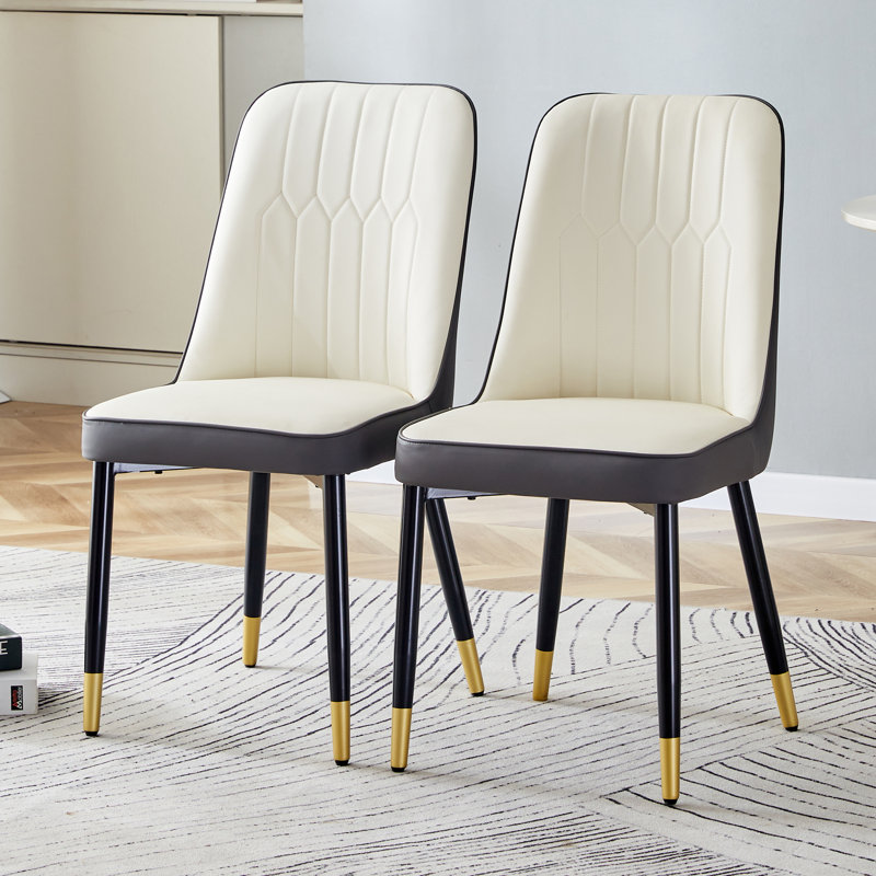 Modern Two Tone Faux Leather Dining Chairs with Geometric Tufting and Metal Legs, Beige/Gray