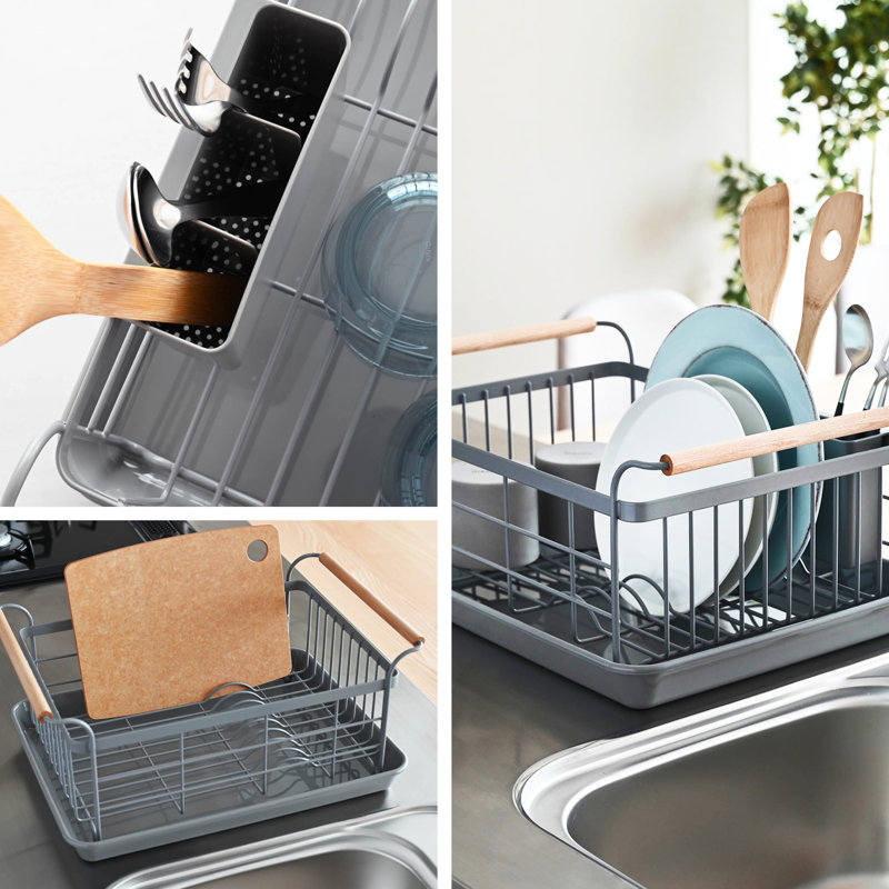 Yamazaki Home Tosca Dish Rack With Removeable Drainer Tray - Steel - Wood, Gray