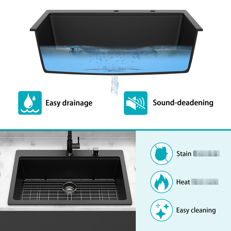 33X22" Black Granite Quartz Workstation Drop - In Kitchen Sink, With Smooth Non Porous Surface, Easy To Wipe Clean, Comes And Strainers High End Quartz, Thick , Hard Surface Protects Hands,