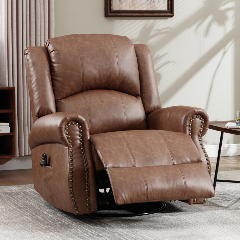 37.7" W Faux Leather Swivel Rocker Recliner With Heated Massage, Vintage Style, Ocher