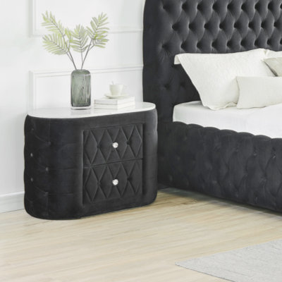 1Pc Oval Faux Marble Top Nightstand 2- Drawers Storage Button Tufted Faux Crystal Tufted