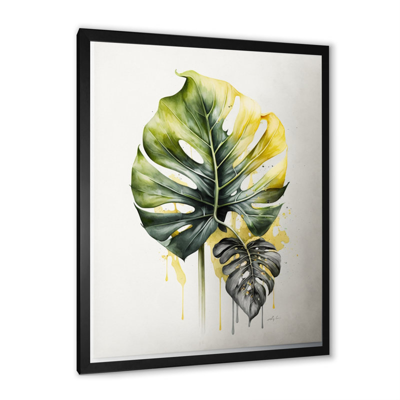 Jaune et gris feuille de philodendron II - reproduction sur toile, Impression noire sur toile encadrée