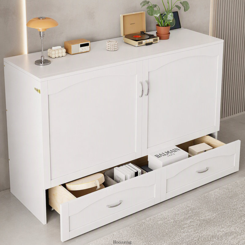Lit escamotable Queen avec tiroir, prises et ports USB, système de poulies, blanc