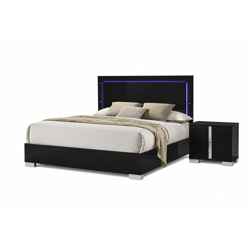 Ensemble de chambre à coucher pour très grand lit 2 pièces, noir piano, argent chromé, bois chromé, table de chevet