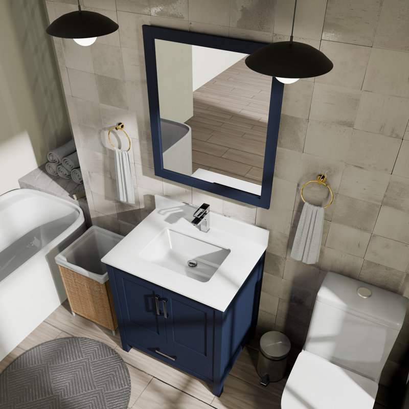 Jacques 30 in. W x 22 in. D Bath Vanity, Top, and 28 in. Mirror, Navy Blue, White Quartz