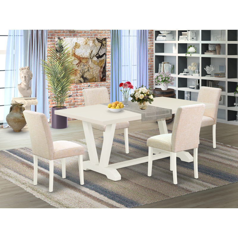 Ensemble de table de salle à manger 5 pièces comprenant une table de cuisine rectangulaire avec pieds en V et 4 chaises de salle à manger Parson en tissu beige clair, lin brossé blanc