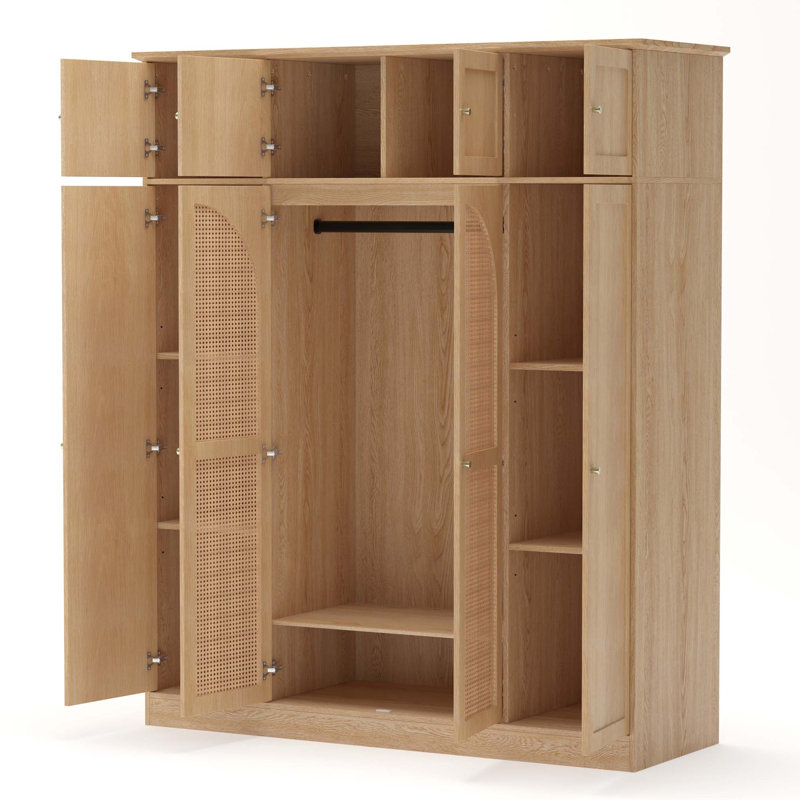 Armoire-penderie en rotin à 8 portes avec tringle et étagères réglables, Naturel
