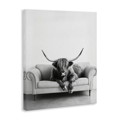 Highland Cow on Couch Canvas Wall Art, design by Petal Prints Design