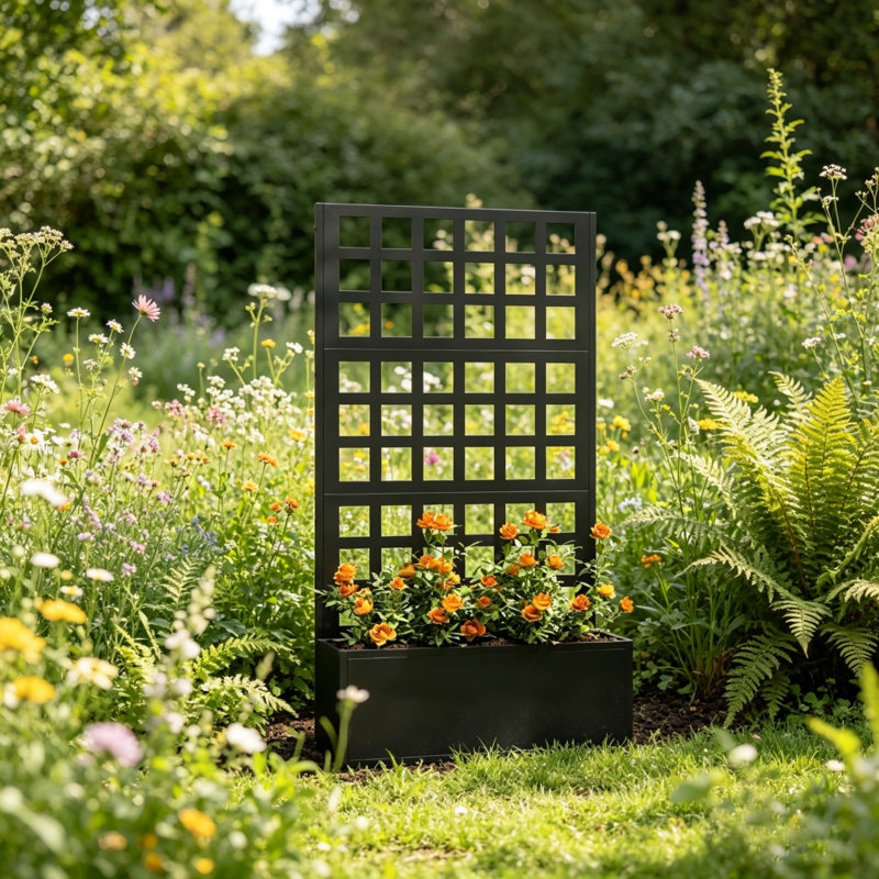 Jardinière en acier galvanisé avec treillis, jardin surélevé avec trous de drainage, Black