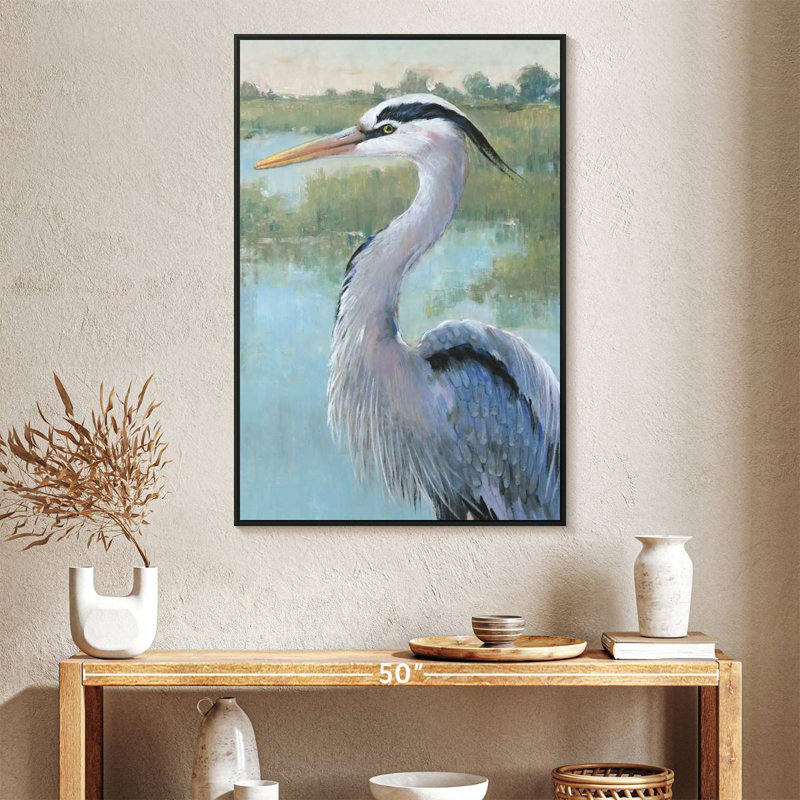 Portrait de héron bleu I, Cadre flottant noir, 27 po x 40 po