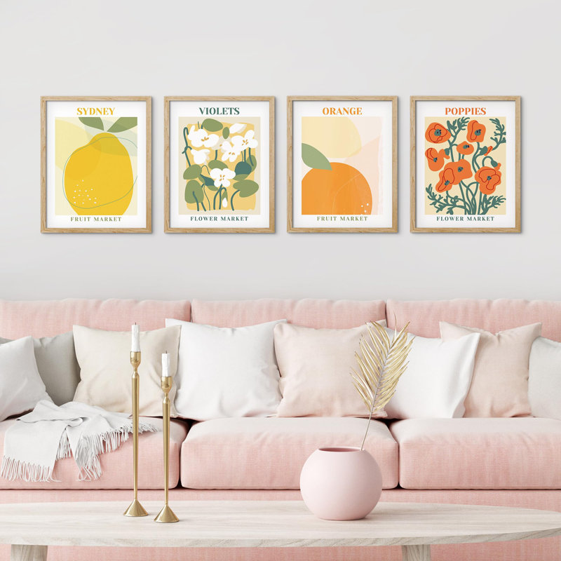" Sydney Orange Flower Poppies " 4 - Pieces, 14" H x 11" W, Natural