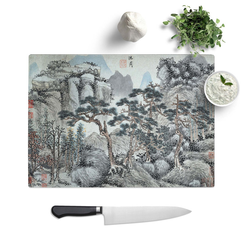 Glass Four Pine Trees by Shen Zhou Chopping Board, 39 cm W x 28.5 cm L