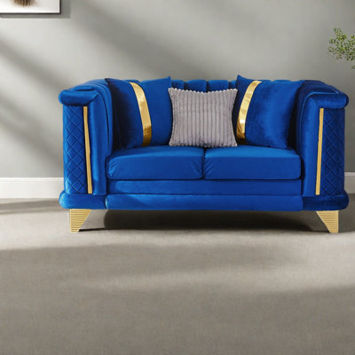 Luxury Velvet Sofas, 69 Inch Blue Steel Trim Modern Loveseat for Home