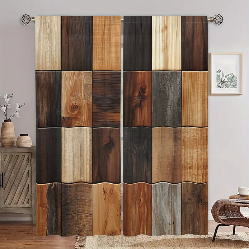 2Pcs Wooden Mosaic Pattern Curtains Rod Pocket Mount Multi-Tone Wood Texture Printed  Rustic Farmhouse for Living Room Bedroom Kitchen Home Decor Window Drapes