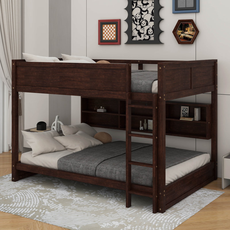 Queen Over Queen Bunk Bed With Storage Cabinets And Charging Station, Brown