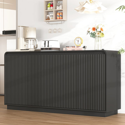 Handleless Wave Pattern Black 4-Door Tv Stand With Power Outlet, 3 Adjustable Storage For Entertainment Spaces In Homes Fluted Built-In Cabinet Primary Living Zones