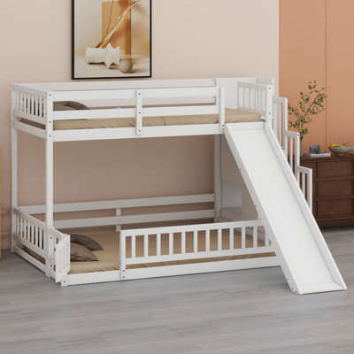 Wooden Bunk Bed With Slide, Storage Staircase, Safety Guardrails