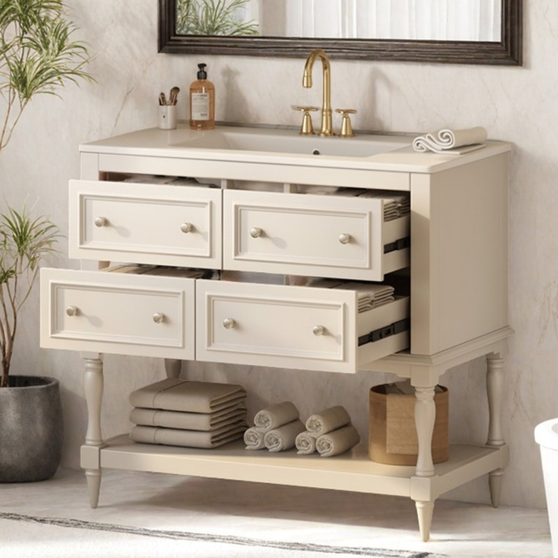 Meuble-lavabo à cadre en bois massif 36 po avec lavabo en céramique 36 po et 4 tiroirs