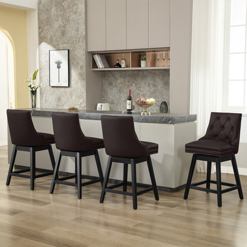 Upholstered Swivel Nailhead Trim Tufted Barstool with Solid Wood Frame (Set of 2), Espresso