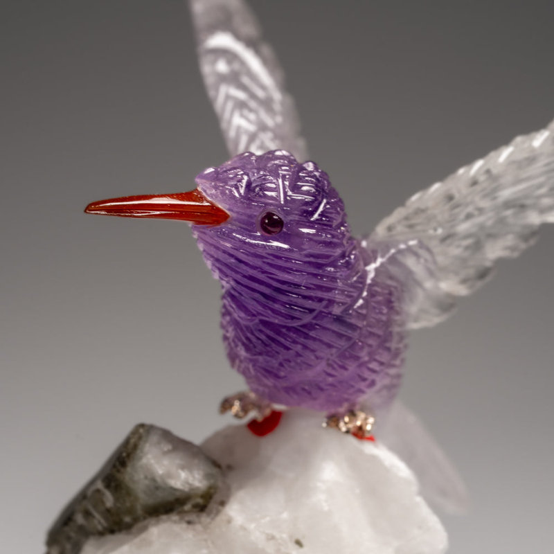 Genuine Polished Hand Carved Fluorite Hummingbird On A Green Tourmaline In Albite Matrix (4"H)