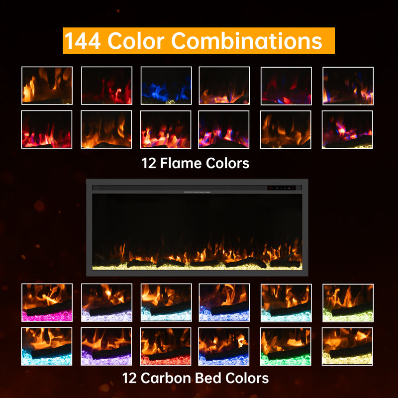 Black Electric Fireplace, Slimline Insert/Wall Mount Electric Fireplace, Remote Control with App, 12 Adjustable Flame Colors and Charcoal Bed Colors, Timer, 1500 Watts