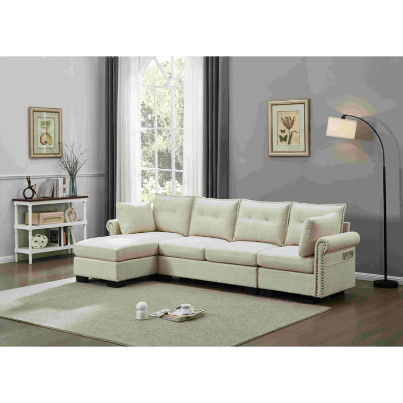 Canapé modulaire avec méridienne réversible et repose-pieds, Beige