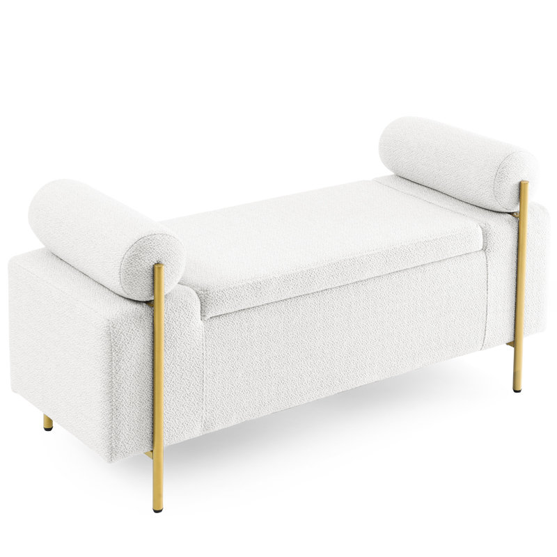 Elegant Upholstered Linen Storage Bench With Cylindrical Arms & Wooden Frame - White For Bedroom, Hallway, Living Room Iron Legs