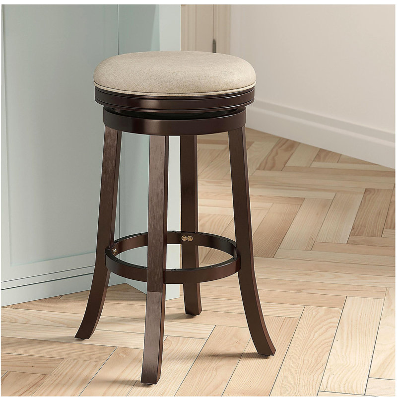 Tabouret de bar de 30 po, laqué couleur café, assise en tissu beige, Beige, Espresso