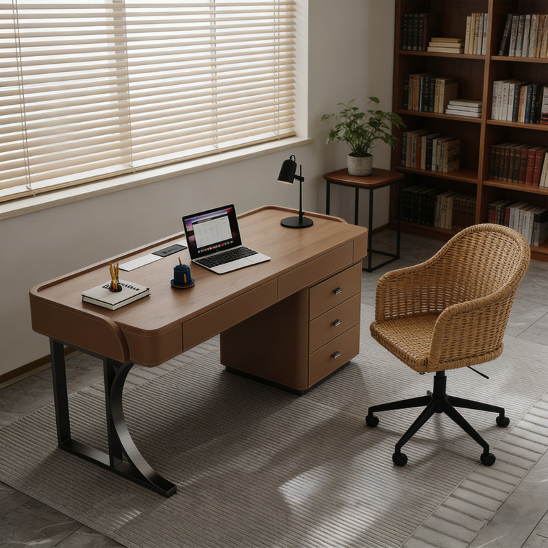 Bureau d'écriture italien rétro avec accents en cuir, table d'écriture pour bureau à domicile