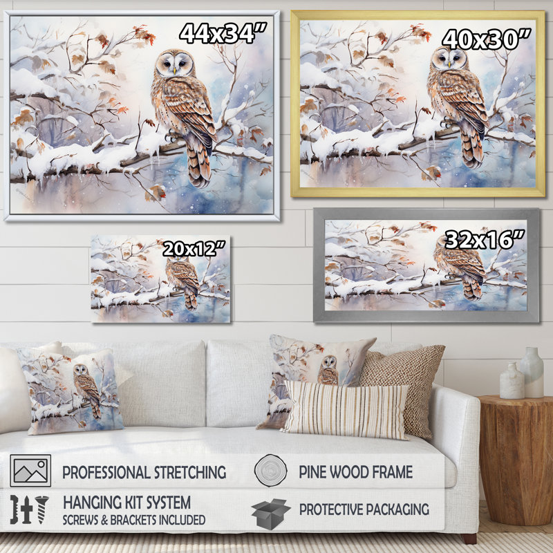 «Winter Snowy Owl Charm Landscape - Snow», reproduction d'art sur toile, Toile tendue, H 16 po x l 32 po x P 1 po