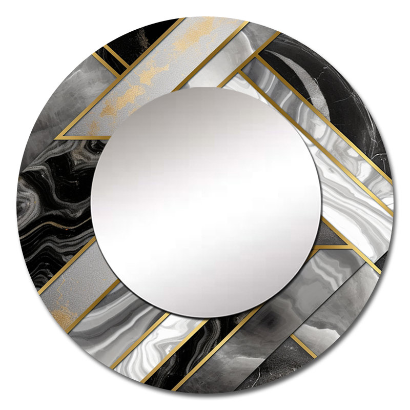 Marbre granit agate avec des touches d'or XVIII - miroir géométrique, miroir mural rond gris, art imprimé en métal