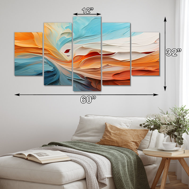 «Teal Orange Bold Abstract Flow Collage I», reproduction de toile tendue 5 pièces