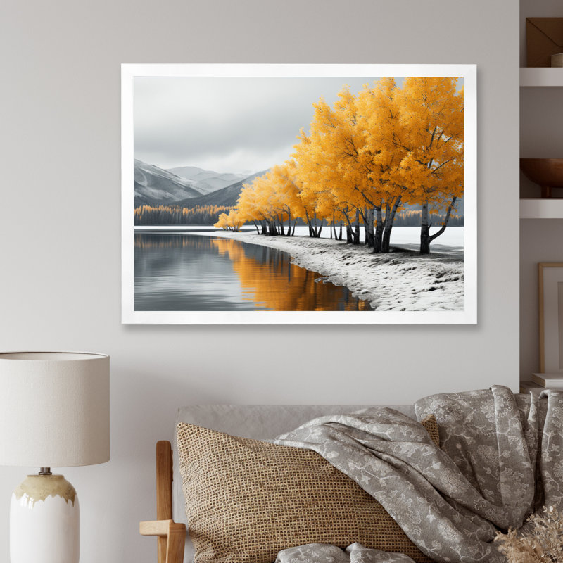 Symphonie de l'arbre monochrome jaune et gris II - impression, H 16 po x l 32 po x P 1 po, Cadre simple blanc