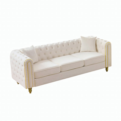 86" Modern Chesterfield Velvet Sofa, Button Tufted 3-Seater Couch with Solid Wood Frame, Gold Trim & 2 Pillows, Beige