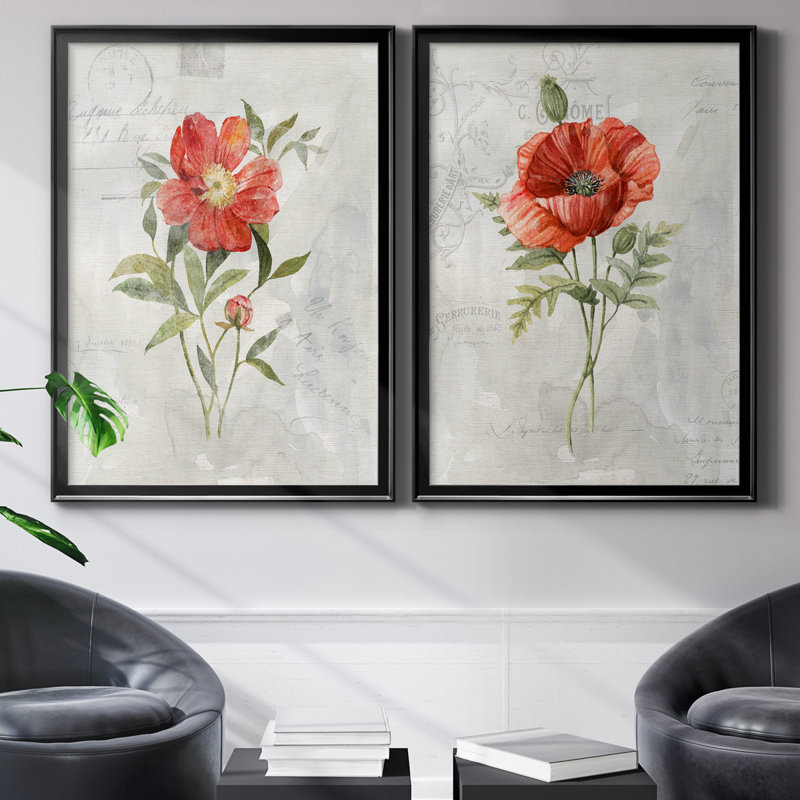 Lin pivoine - ensemble de 2 reproductions d'art, H 30,5 po x l 42,5 po x P 3 po, Toile avec cadre noir, Pas de tapis