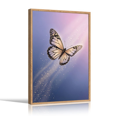 Butterfly With Glowing Sparkles On Blue And Pink Background Canvas Wall Art