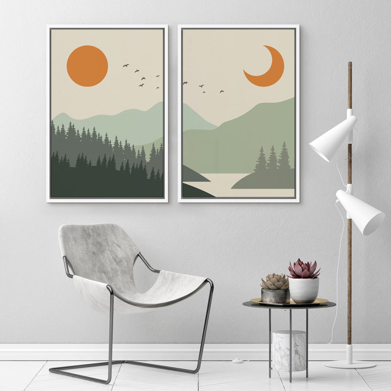 Sun and Crescent Moon Over Green, H 24 po x l 32 po x P 1,5 po, Blanc