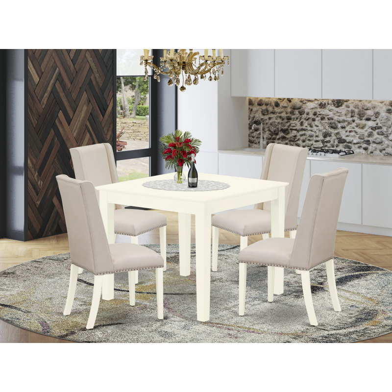 5 Piece Kitchen Table Set for 4 Includes a Square Dining Room Table and 4 Cream Linen Fabric Parson Dining Chairs, Linen White