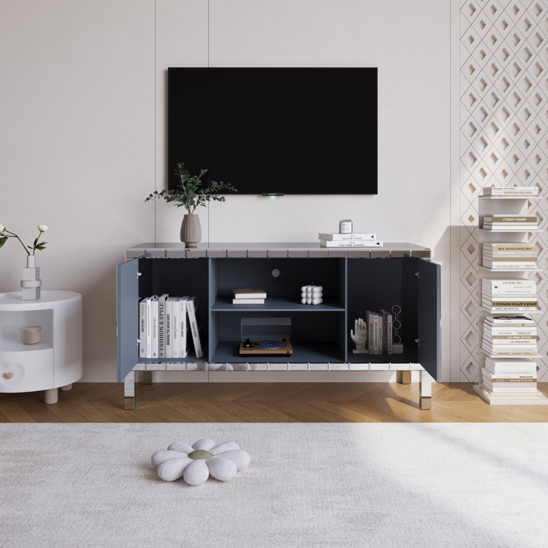 Meuble télé miroitant pour téléviseur de 50 po ou moins, console de télévision argentée avec rangement ouvert et 2 armoires de rangement, portes miroir en forme de diamant